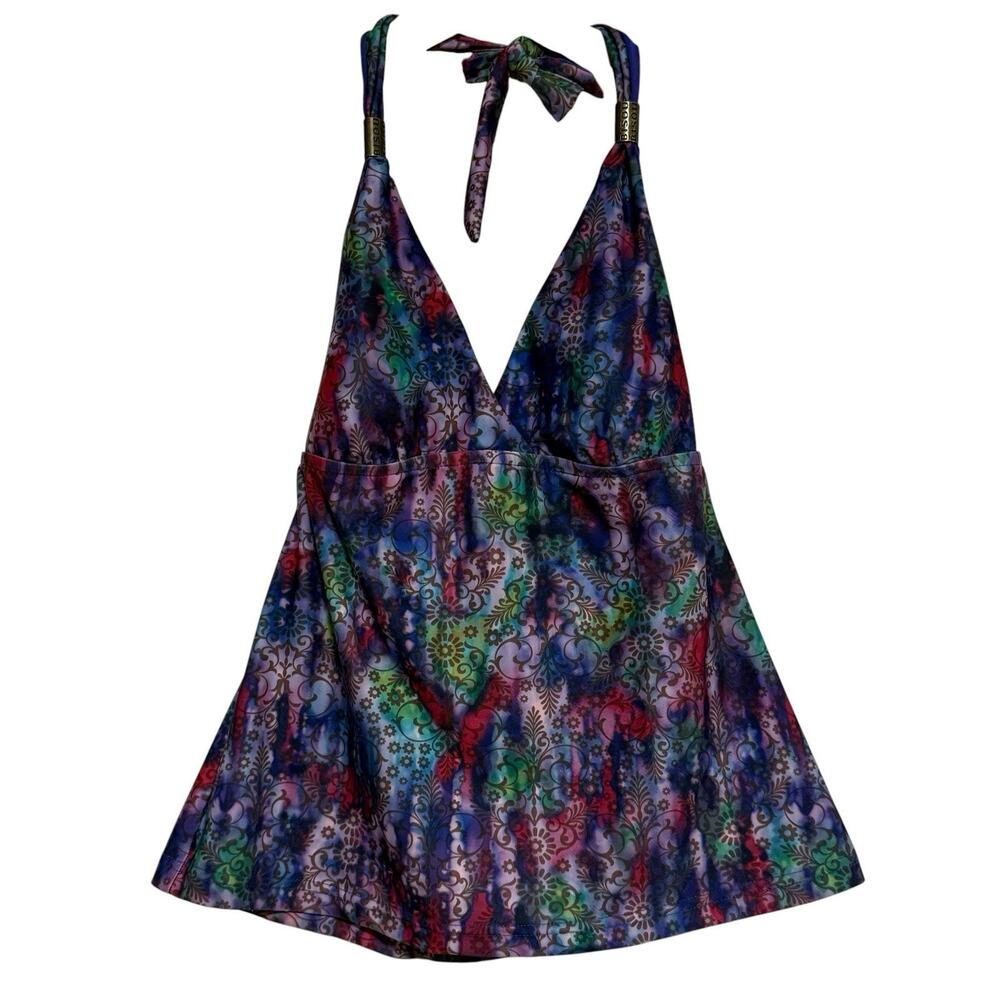 Vtg Y2K BISOU BISOU Swim Halter Top SZE SMALL Michele Bohbot Purple TieDye Boho